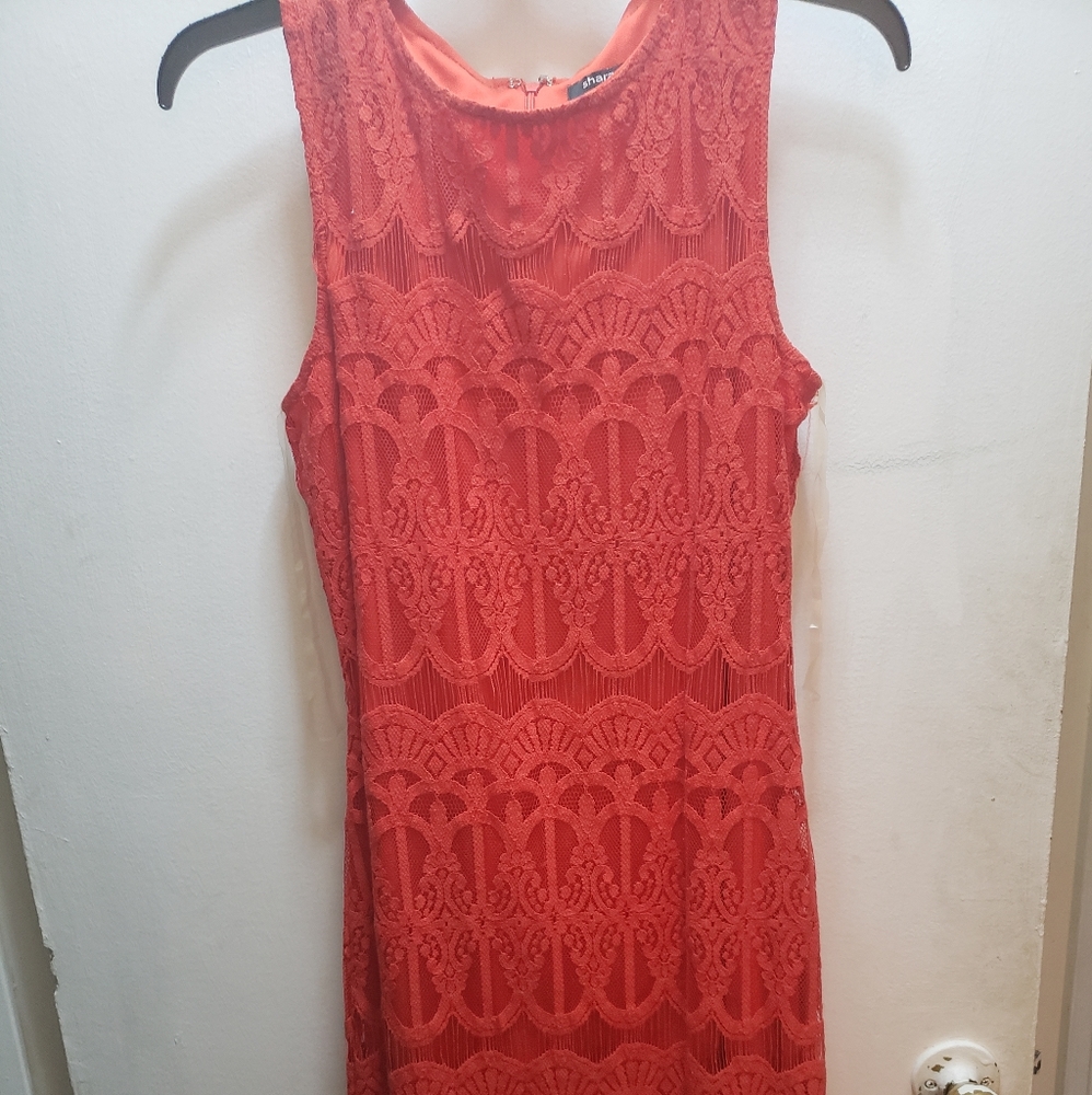Sharagano red orange lace dress